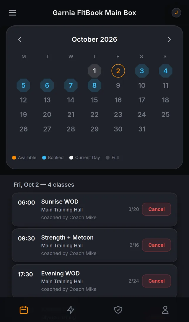 The booking calendar in Garnia FitBook, showing a week of classes with live capacity